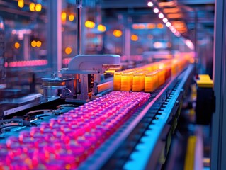 Poster - Futuristic Automated Production Line with Colorful Bottles Conveyed through Advanced Machinery in a High-Tech Factory Setting