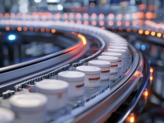 Poster - Industrial conveyor belt transporting containers in a modern manufacturing facility showcasing advanced automation and efficient production processes