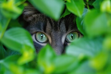 Poster - Close-up view of a curious cat looking out from a bush, with leaves and stems visible