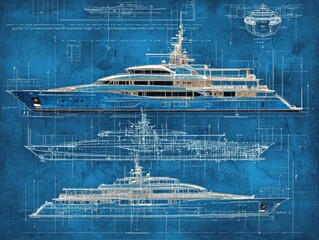 Poster - Detailed Architectural Blueprint of a Luxurious Yacht on a Blue Background Showcasing Design Elements, Dimensions, and Technical Specifications for Marine Enthusiasts
