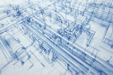 Poster - Detailed Blueprint of Industrial Machinery and Equipment Layout, Showcasing Complex Engineering Designs and Infrastructure Planning in a Technologically Advanced Environment