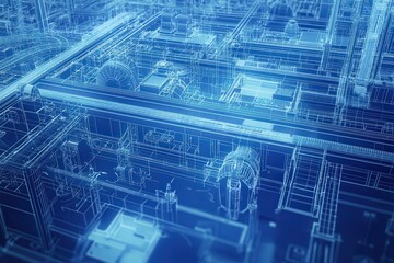 Poster - Aerial View of Complex Industrial Blueprint in Blue Tones, Showcasing Intricately Designed Machinery, Equipment, and Systems in a Modern Factory Setting