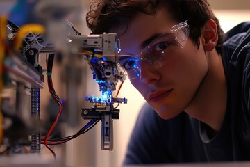 Poster - Young Engineer in Safety Glasses Working on Advanced Robotics Project, Close-Up of Complex Mechanism with Illuminated Components