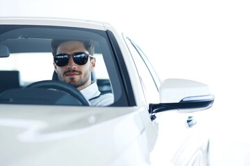 Poster - A person wearing sunglasses sits inside a vehicle, suitable for use as a stock photo in various contexts