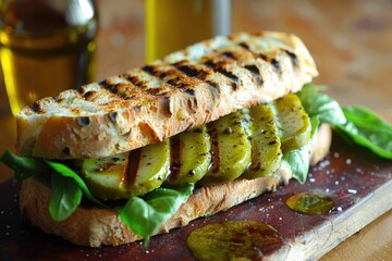 Poster - A fresh sandwich with sliced pickles and melted cheese on a wooden cutting board