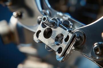 Poster - Close-up of Precision Metal Component with Circular Holes and Mechanical Features Showcasing Quality Engineering and Design in Industrial Applications
