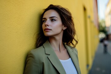 A woman standing and leaning against a bright yellow wall