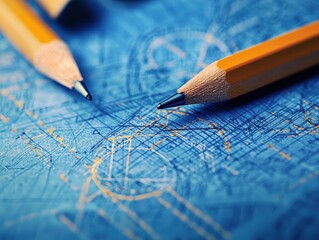 Poster - Close-Up of Yellow Pencils on Blueprint Paper Highlighting Designs and Sketches with Detailed Technical Drawings and Measurements in Creative Workspace