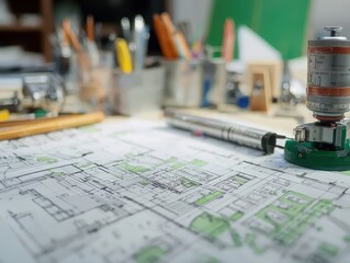 Poster - Detailed Architectural Blueprint with Drafting Tools on Workspace Surrounded by Stationery and Creative Supplies for Design Projects