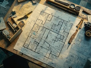 Poster - Detailed Architectural Blueprint Illustration on a Wooden Desk Surrounded by Drafting Tools and Stationery in an Artist's Studio