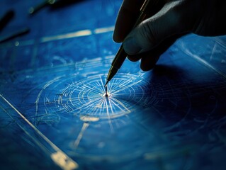 Poster - Intricate Hand Drawing Geometric Patterns with a Golden Pen on a Blue Blueprint Background in a Passionate Artistic Display of Creativity and Precision