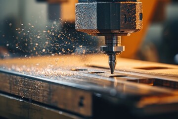 Poster - High-Precision CNC Milling Machine Cutting Metal Piece in Workshop with Sparks and Shavings During Manufacturing Process at Industrial Factory