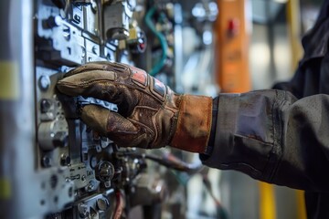Poster - Skilled Worker Adjusting Control Panel with Gloved Hand in Industrial Environment, Showcasing Precision and Focus in Mechanical Operations