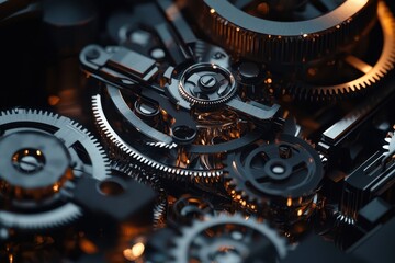 Poster - Intricate Arrangement of Metallic Gears and Cogs Glimmering in Soft Light, Showcasing Precision Engineering and Mechanical Design Elements for Unique Visual Appeal