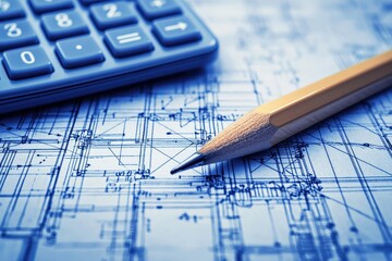 Poster - Close-up View of a Calculator and Pencil on Technical Blueprint Illustrating Architectural Design Concepts and Planning Process in a Professional Setting