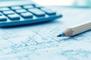 Poster - Close-Up of a Wooden Pencil Resting on Architectural Blueprints with a Calculator in Background, Perfect for Design and Planning Themes