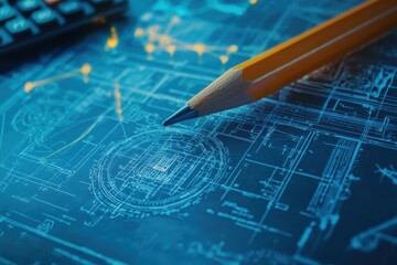Poster - Blueprint Background with Pencil and Calculator on Technical Drawings Showcasing Architectural Design and Engineering Concepts in a Modern Workspace Setting