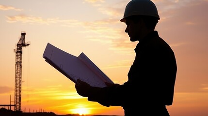 Poster - Silhouette of a Construction Worker Holding Blueprints Against a Stunning Sunset with a Crane in the Background, Symbolizing Planning and Development in the Construction Industry