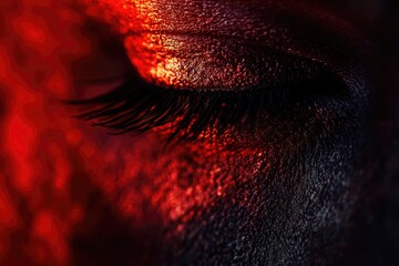 Poster - A detailed shot of an individual's eye illuminated by a warm, red glow