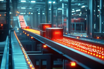 Poster - Futuristic Warehouse with Automated Conveyor System and Packages in Motion, Showcasing Efficient Logistics and Advanced Technology in a Modern Industrial Setting