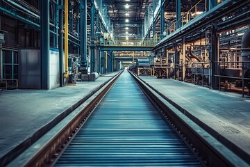 Poster - Long Perspective View of an Industrial Indoor Warehouse Featuring Rails and Conveyor Systems in a Modern Manufacturing Facility