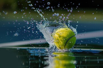Poster - A white tennis ball entering the water surface with ripples