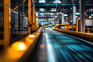 Poster - Industrial Conveyor Belt in Modern Warehouse Setting with Warm Lighting Effects and Focused Depth, Depicting Efficient Production and Logistics Operations