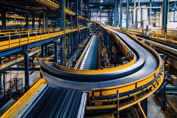 Poster - A Modern Automated Warehouse Featuring Advanced Conveyor Belt System Transporting Goods in an Industrial Setting with Bright Yellow and Blue Elements