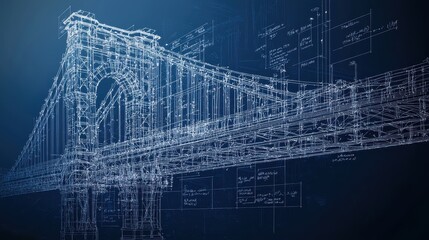 Poster - Architectural Blueprint of a Historic Bridge Design Showcasing Intricate Structural Elements and Engineering Details Set Against a Dark Background for Creative Projects