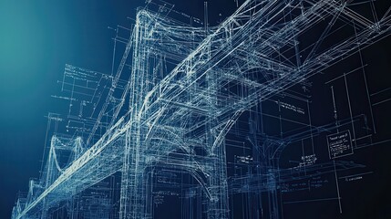 Poster - Detailed Architectural Blueprint of a Bridge in 3D Wireframe Style Representing Structural Engineering and Design Concepts for Modern Infrastructure Projects
