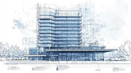 Poster - Modern Architectural Building Blueprint with Transparent Glass Facade Detailed Elevation and Structural Plans Illustrating Innovative Design Concepts