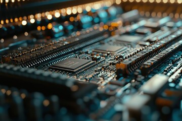 Poster - Close-Up View of a Complex Circuit Board Highlighting Integrated Chips and Connectors with Soft Focus and Bokeh Effects for Technology and Electronics Illustrations