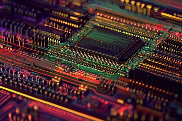 Poster - Vibrant Close-Up of Colorful Circuit Board with Intricate Patterns and Details, Perfect for Technology, Electronics, and Futuristic Themes in Stock Photography