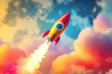 Poster - A bright colored rocket soaring through a cloudy sky with the sun shining through