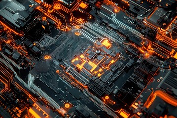 Poster - High-Resolution Close-Up of a Complex Circuit Board with Neon Orange Lights, Showcasing Intricate Patterns and Advanced Technology in a Dark Setting