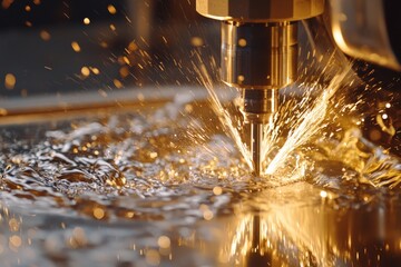 Poster - High-Speed Water Jet Cutting Process with Sparks and Water Splashing on Metal Surface, Capturing Dynamic Action in Industrial Workshop Setting