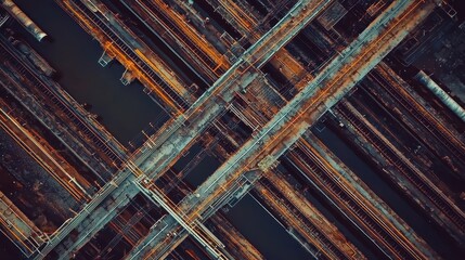 Poster - Aerial View of Industrial Infrastructure with Overlapping Railroads, Pipes, and Waterways in Dramatic Light and Shadows, Showcasing Urban Complexity and Connectivity