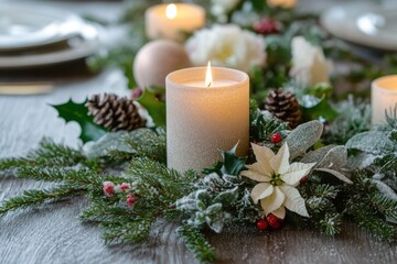Poster - A table decorated with candles and Christmas greenery, perfect for the holiday season
