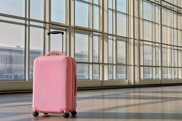 Poster - A pink suitcase sits in front of a window with a view