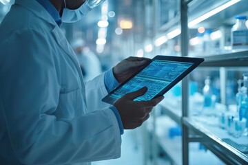 Poster - Medical Researcher Analyzing Data on Digital Tablet in Laboratory Environment Surrounded by Glassware and Bottles in High-Tech Facility