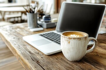 Canvas Print - A cup of coffee sits next to a laptop on a wooden table, perfect for working or studying