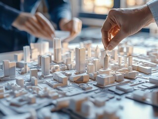 Poster - Detailed Architectural Model Development with Hands Placing Structures, Showcasing Urban Planning and Design Concepts in a Collaborative Environment