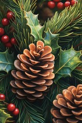 Poster - A still life image of pine cones and holly leaves on a table