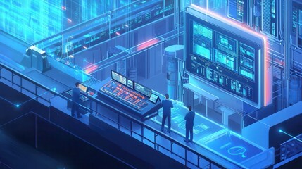 Poster - Futuristic Digital Control Room with Advanced Technology Interface and Professionals Analyzing Data in a High-Tech Environment