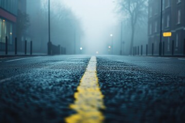 Aufkleber - Urban landscape featuring a street with a bright yellow centerline, perfect for use in designs about traffic, transportation, or urban planning