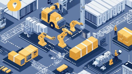 Poster - Aerial View of Modern Industrial Factory with Robotic Arms, Automated Machinery, Workers, and Cargo in an Innovative Manufacturing Setting