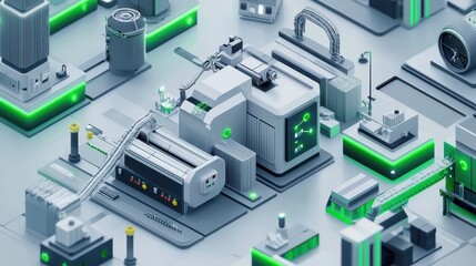 Poster - Futuristic Industrial Complex with Advanced Technology and Green Accents Featuring Machinery, Pipelines, and Modern Infrastructure Design in a Digital Sphere