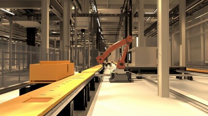 Poster - Automated Manufacturing Facility Featuring Advanced Robotic Arm and Streamlined Production Line for Efficient Industrial Operations