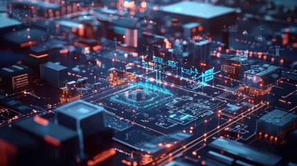 Poster - Aerial View of Futuristic Cityscape with Digital Technology and Circuit Patterns, Showcasing Advanced Urban Infrastructure and Networking Concepts