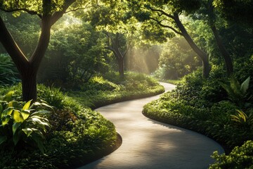 Wall Mural - Lush green forest path with dense foliage and vines